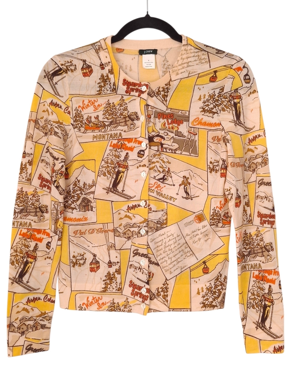 J. Crew ski lodge postcard cardigan sweater merino wool apres ski retro novelty